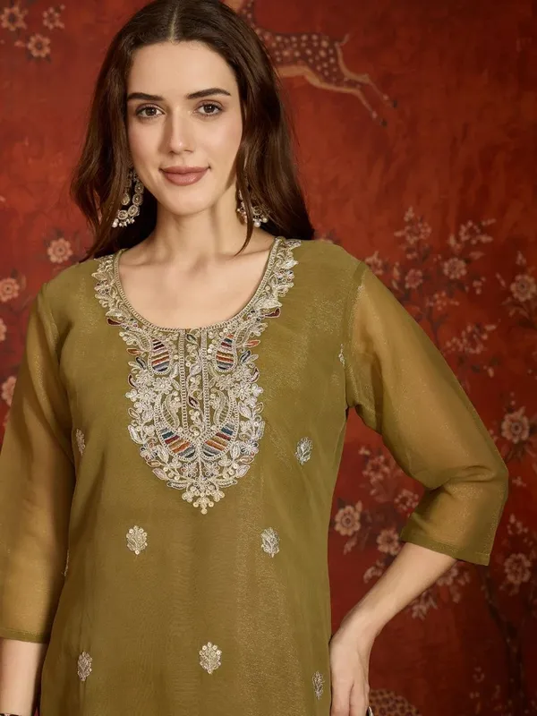 Olive_Green_Silk_Chiffon_Embroidered_Regular_Kurta_Palazzo_Set_For_Women