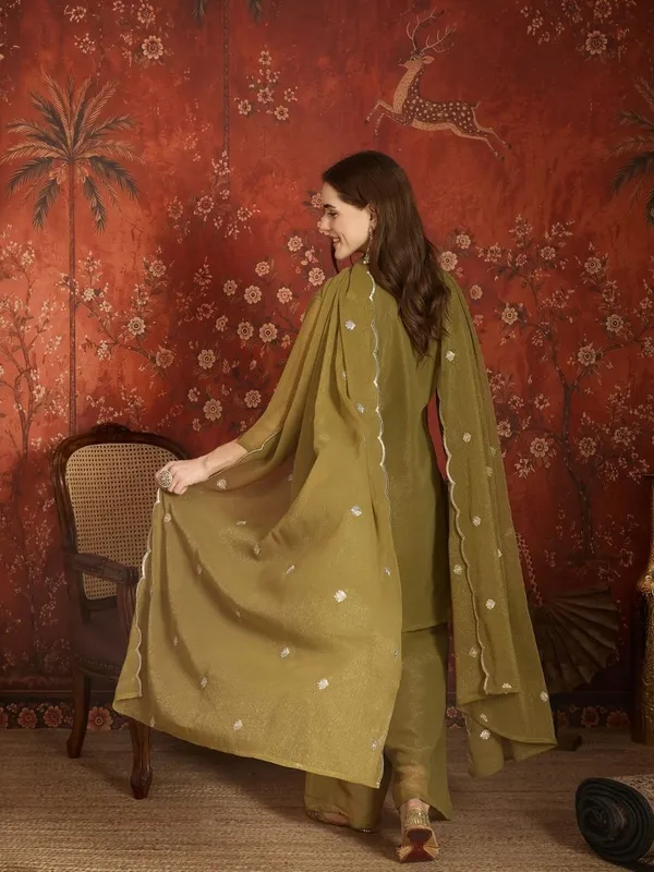 Olive_Green_Silk_Chiffon_Embroidered_Regular_Kurta_Palazzo_Set_For_Women