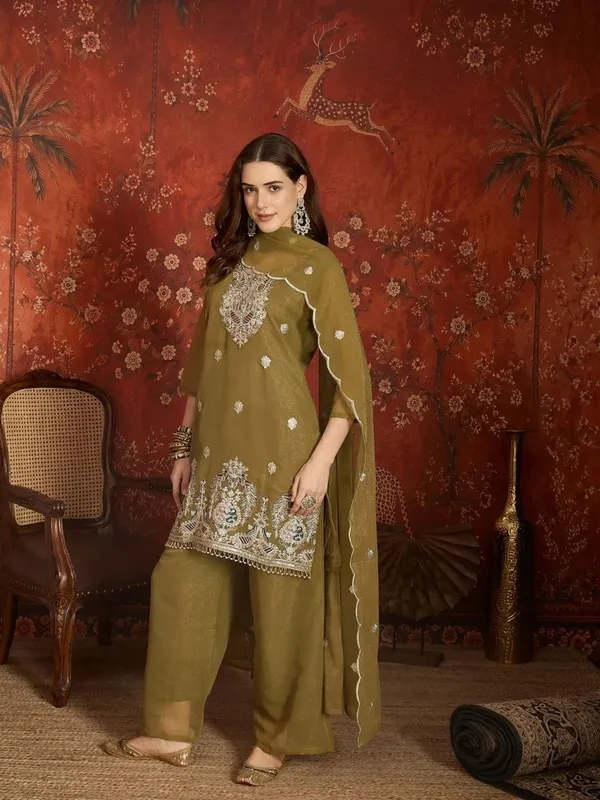 Olive_Green_Silk_Chiffon_Embroidered_Regular_Kurta_Palazzo_Set_For_Women