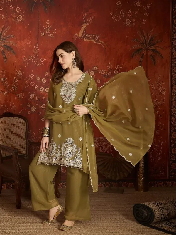 Olive_Green_Silk_Chiffon_Embroidered_Regular_Kurta_Palazzo_Set_For_Women