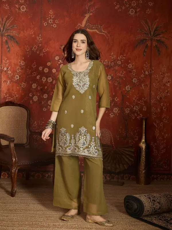Olive_Green_Silk_Chiffon_Embroidered_Regular_Kurta_Palazzo_Set_For_Women