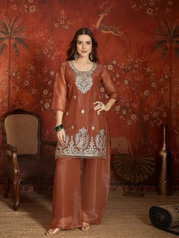 Rust_Silk_Chiffon_Embroidered_Regular_Kurta_Palazzo_Set_For_Women