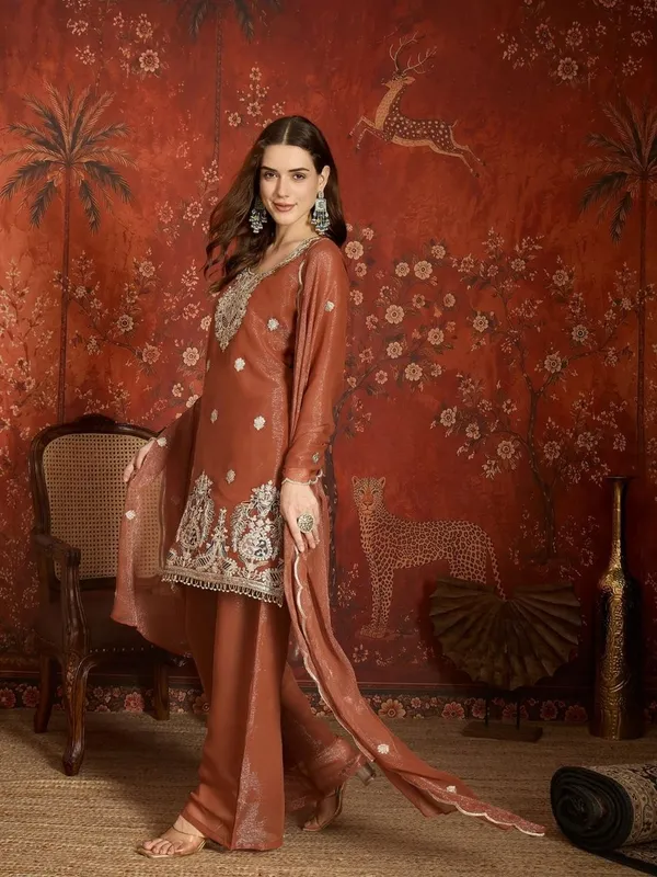 Rust_Silk_Chiffon_Embroidered_Regular_Kurta_Palazzo_Set_For_Women