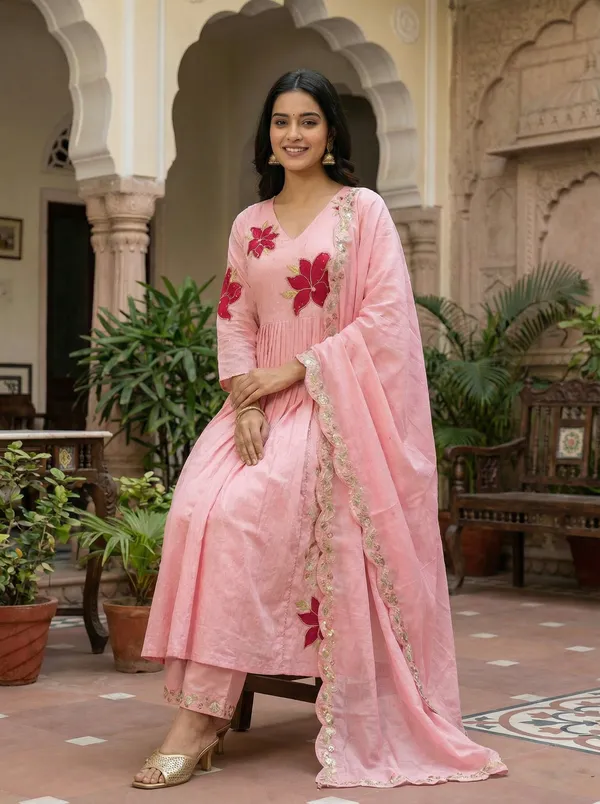 Women_Floral_Embroidered_Empire_Thread_Work_Pure_Cotton_Kurta_with_Palazzos_&_With_Dupatta