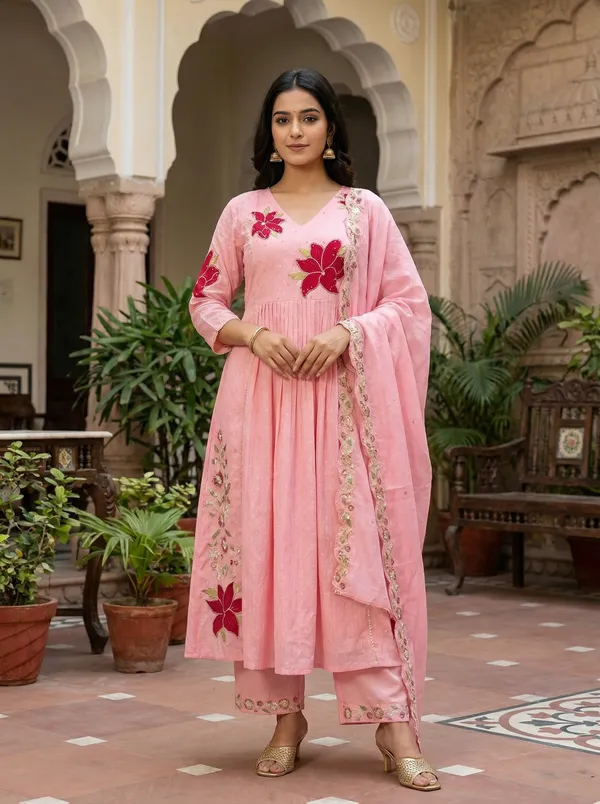 Women_Floral_Embroidered_Empire_Thread_Work_Pure_Cotton_Kurta_with_Palazzos_&_With_Dupatta