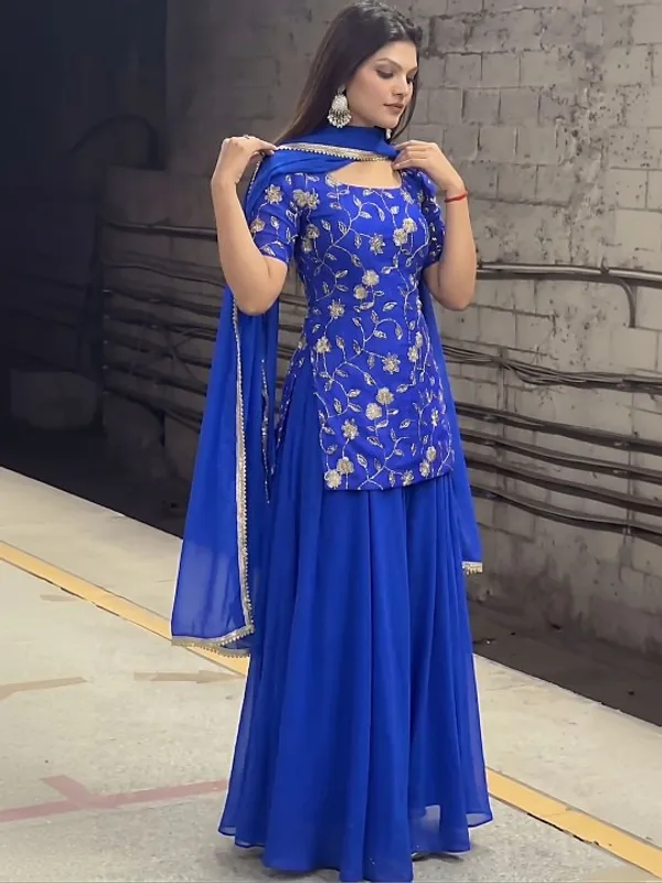 Blue_Silk_Straight_Floral_Embroidered_Kurti_Sharara_Set_For_Women