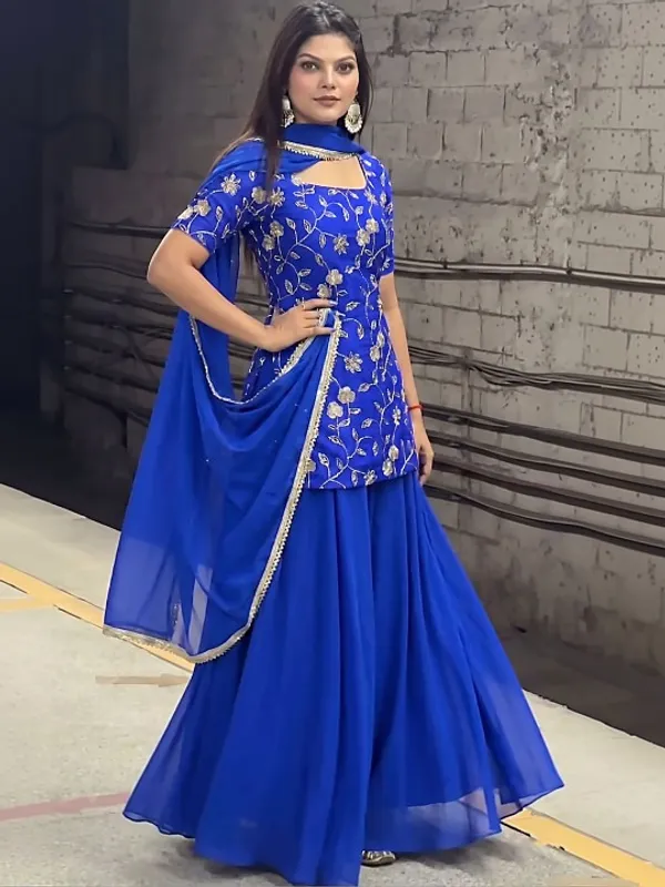 Blue_Silk_Straight_Floral_Embroidered_Kurti_Sharara_Set_For_Women