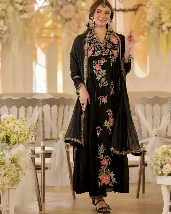 Black_Georgette_Embroidered_Thread_Work_Kurta_Palazzo_Set_For_Women