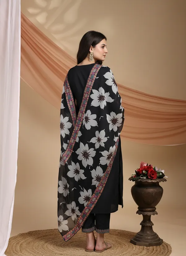 Black_Organza_Silk_Regular_Embroidered_Kurta_Trouser_Set_For_Women