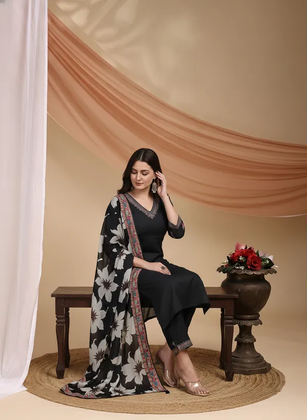 Black_Organza_Silk_Regular_Embroidered_Kurta_Trouser_Set_For_Women