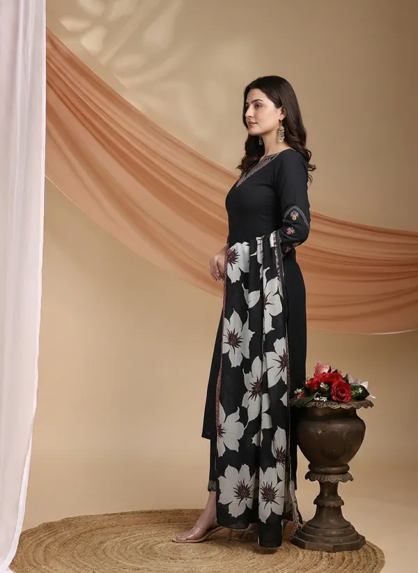 Black_Organza_Silk_Regular_Embroidered_Kurta_Trouser_Set_For_Women