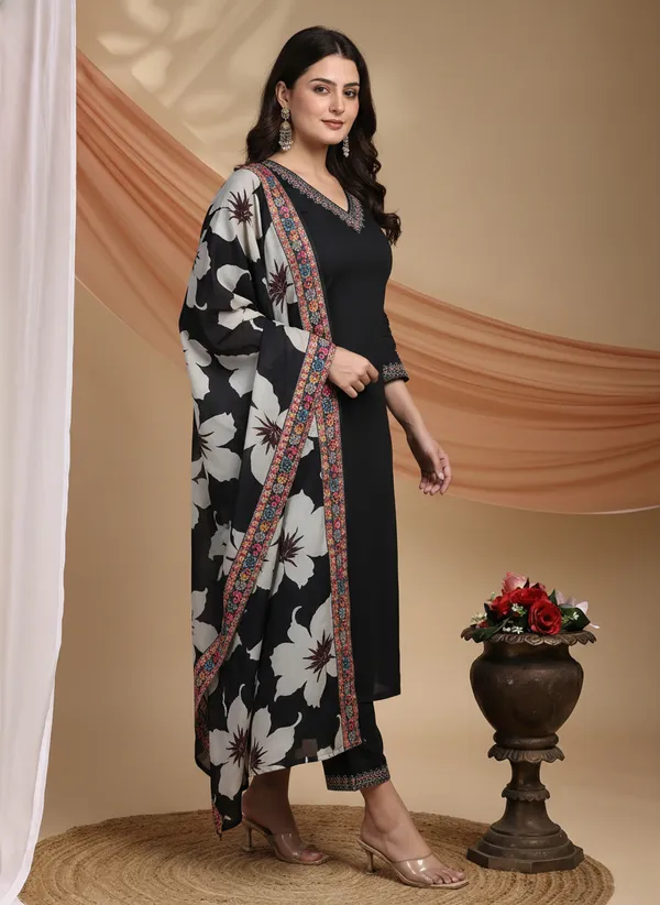 Black_Organza_Silk_Regular_Embroidered_Kurta_Trouser_Set_For_Women
