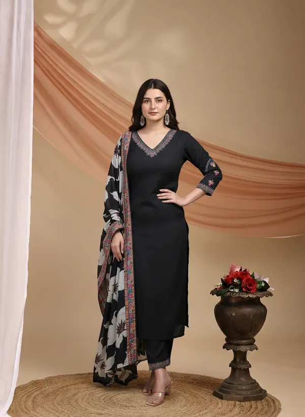 Black_Organza_Silk_Regular_Embroidered_Kurta_Trouser_Set_For_Women
