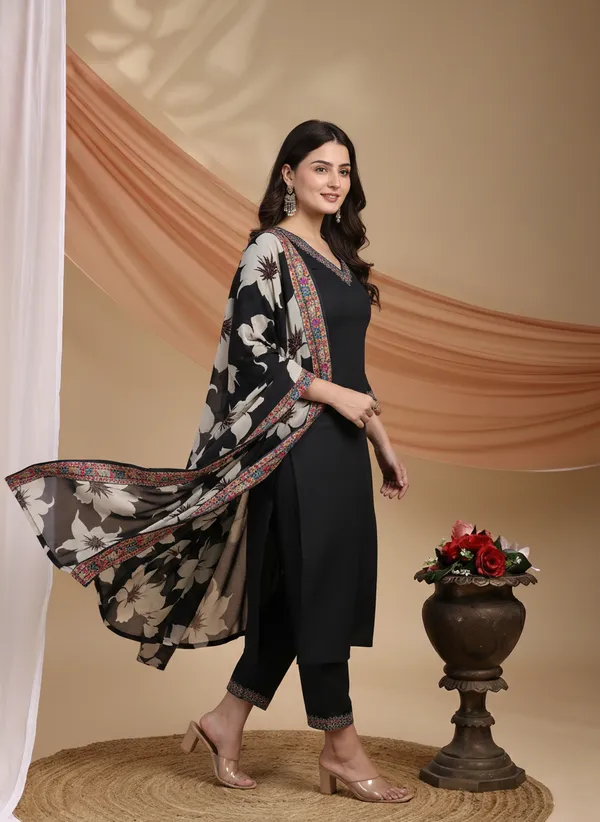 Black_Organza_Silk_Regular_Embroidered_Kurta_Trouser_Set_For_Women