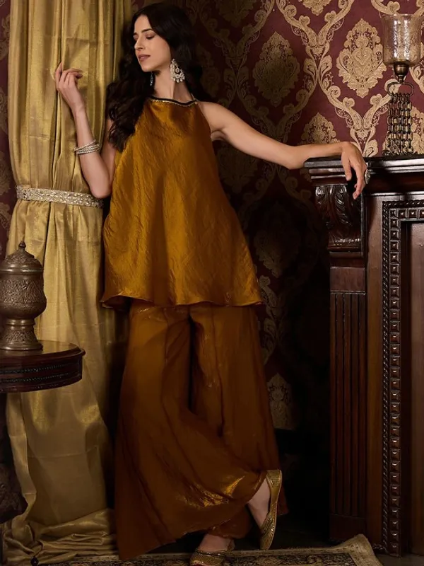 Brown_Fendi_Satin_Regular_Kurta_Set_For_Women