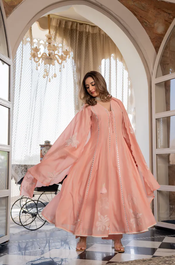 Peach_Chanderi_A_Line_Mirror_Work_Kurta_Set_For_Women