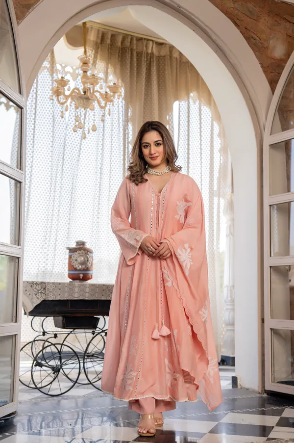 Peach_Chanderi_A_Line_Mirror_Work_Kurta_Set_For_Women