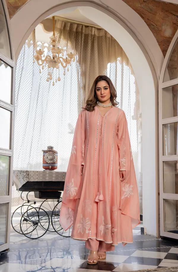 Peach_Chanderi_A_Line_Mirror_Work_Kurta_Set_For_Women