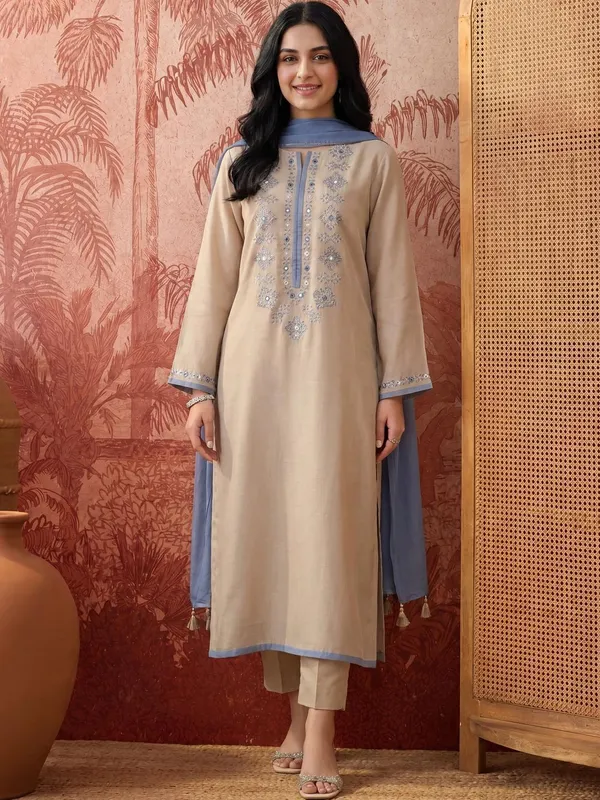 Beige_Chanderi_Silk_Regular_Mirror_Work_Kurta_Set_For_Women