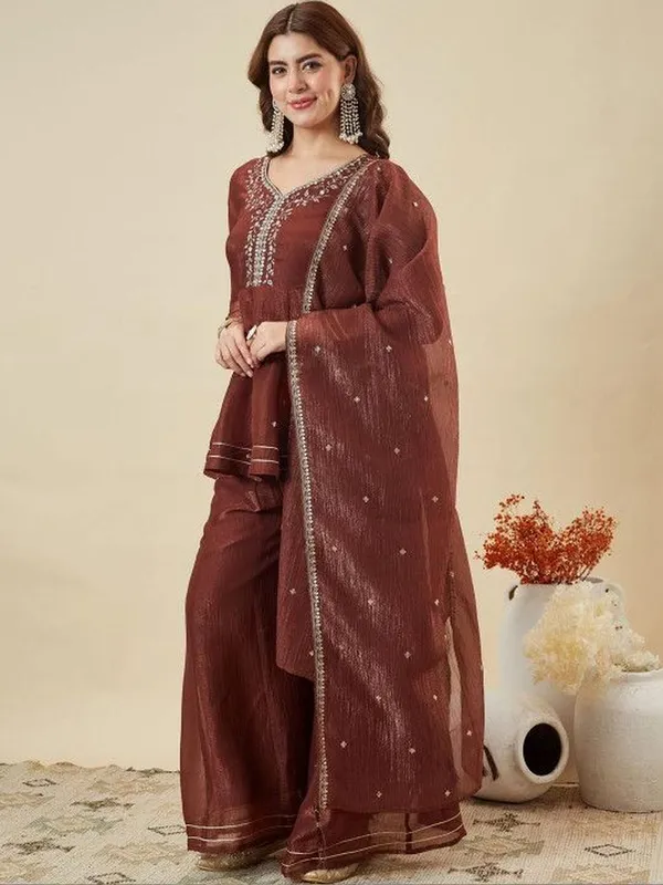 Brown_Silk_Blend_A_Line_Embroidered_Kurta_Set_For_Women