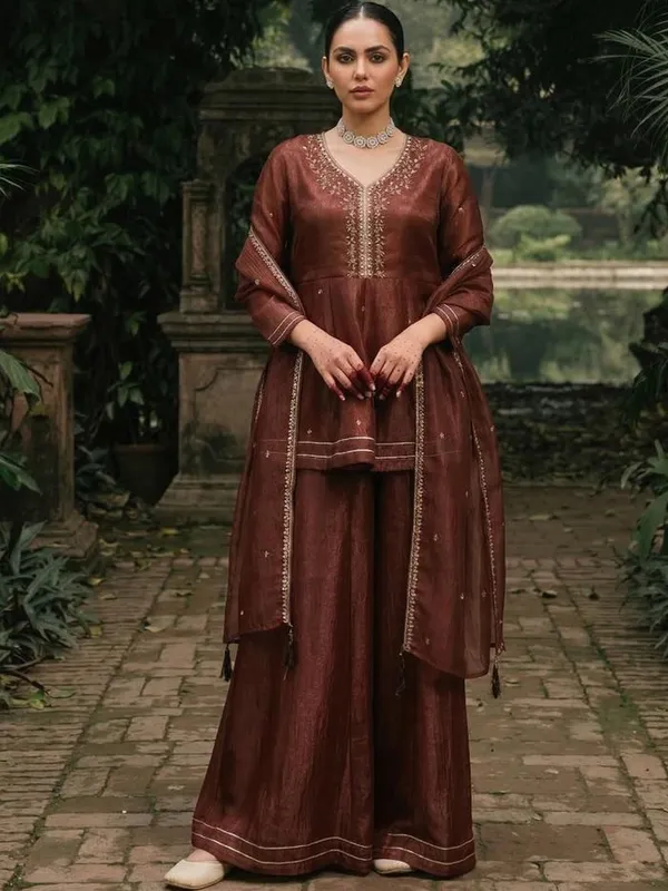 Brown_Silk_Blend_A_Line_Zari_Embroidered_Kurta_Set_For_Women
