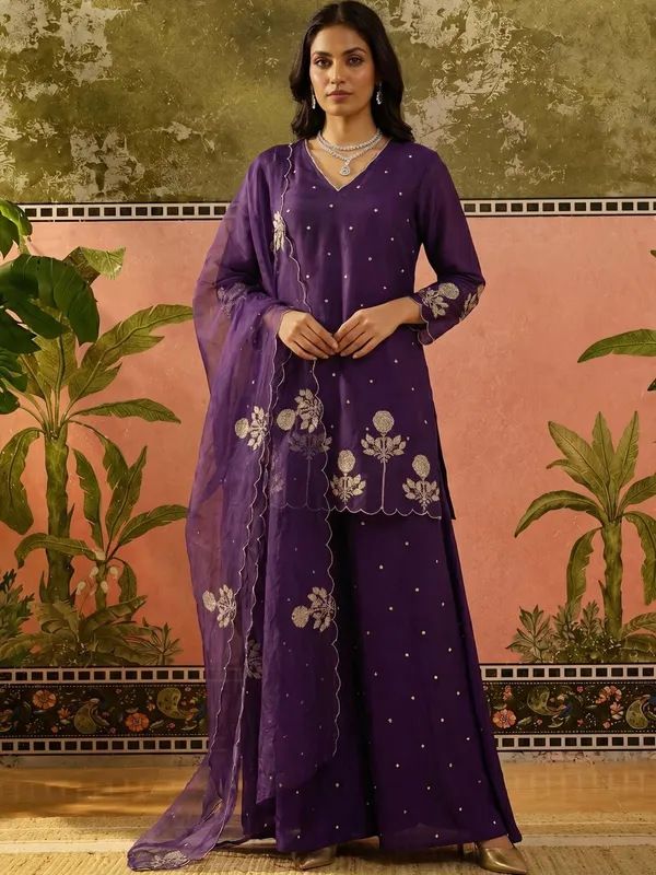 Purple_Chanderi_Silk_Regular_Embroidered_Kurta_Set_For_Women