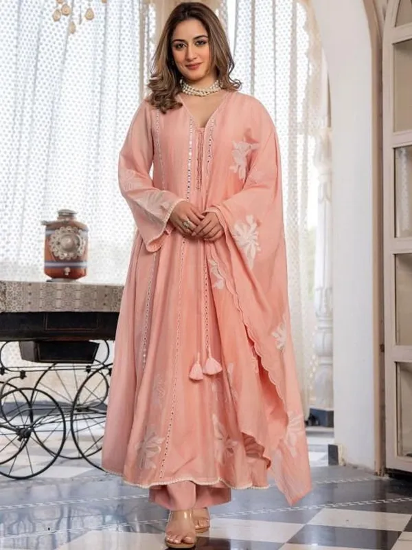 Peach_Chanderi_A_Line_Mirror_Work_Kurta_Set_For_Women