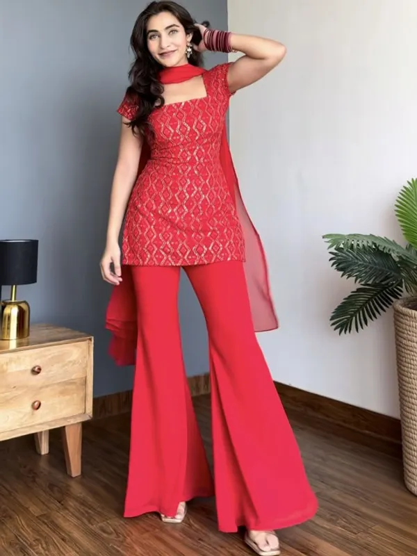 Red_Georgette_Flared_Embroidered_Kurta_Set_For_Women