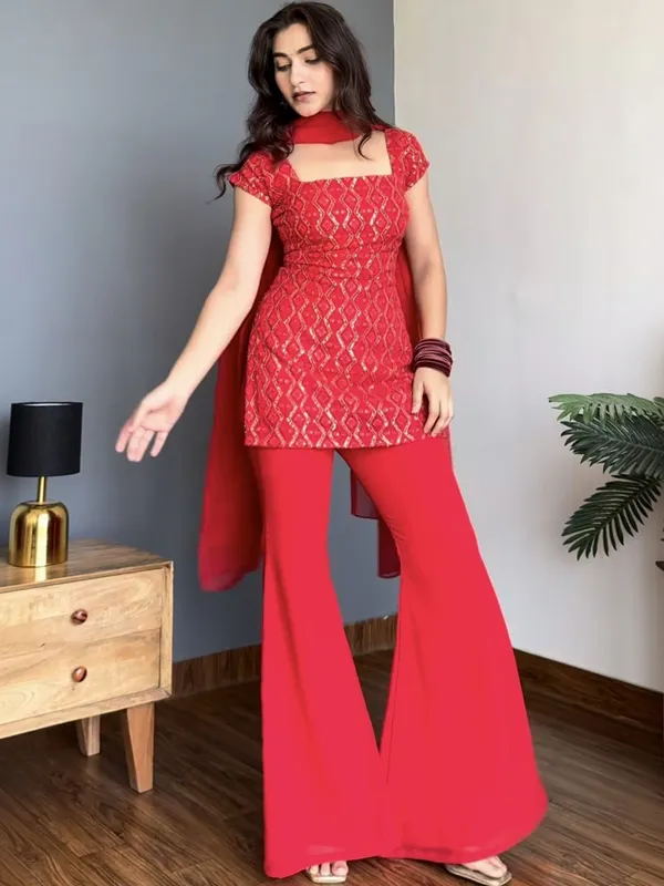 Red_Georgette_Flared_Embroidered_Kurta_Set_For_Women