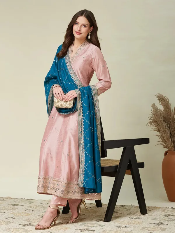 Light_Pink_Vichitra_Silk_Anarkali_Embroidered_Kurta_Set_For_Women