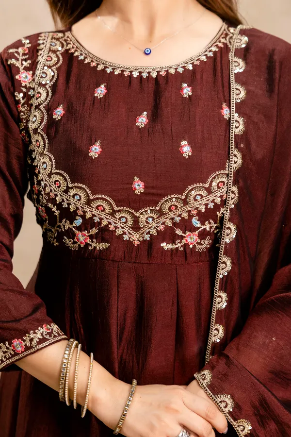 Coffee_Vichitra_Silk_Anarkali_Embroidered_Kurta_Set_For_Women