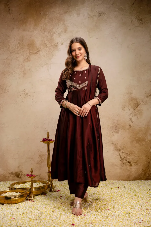 Coffee_Vichitra_Silk_Anarkali_Embroidered_Kurta_Set_For_Women