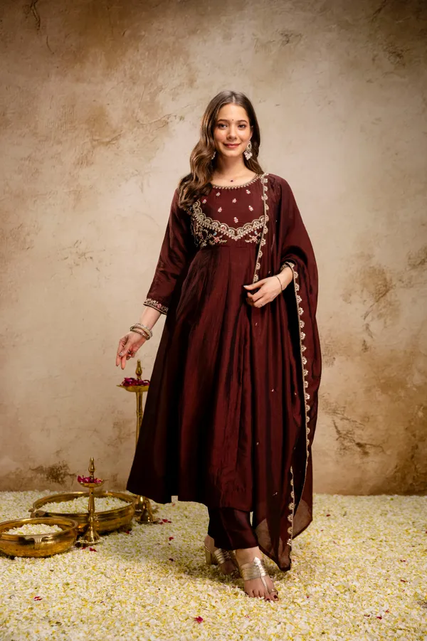 Coffee_Vichitra_Silk_Anarkali_Embroidered_Kurta_Set_For_Women