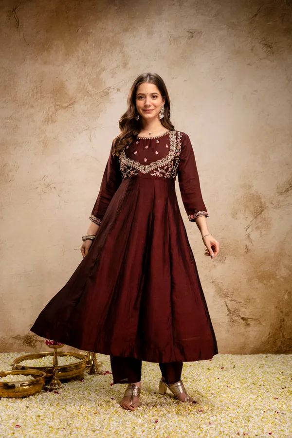 Coffee_Vichitra_Silk_Anarkali_Embroidered_Kurta_Set_For_Women