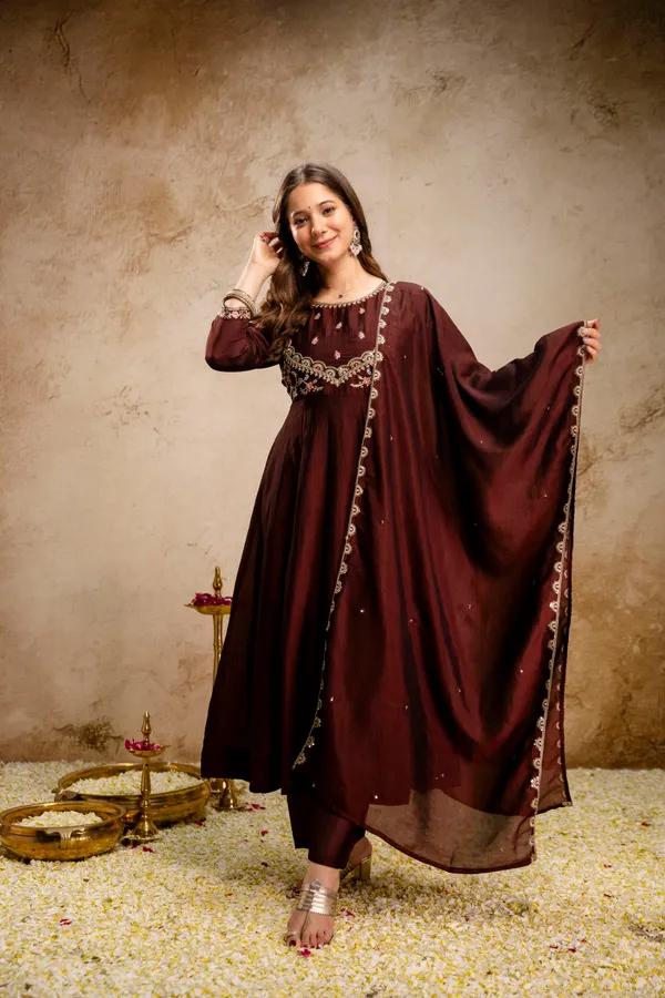 Coffee_Vichitra_Silk_Anarkali_Embroidered_Kurta_Set_For_Women