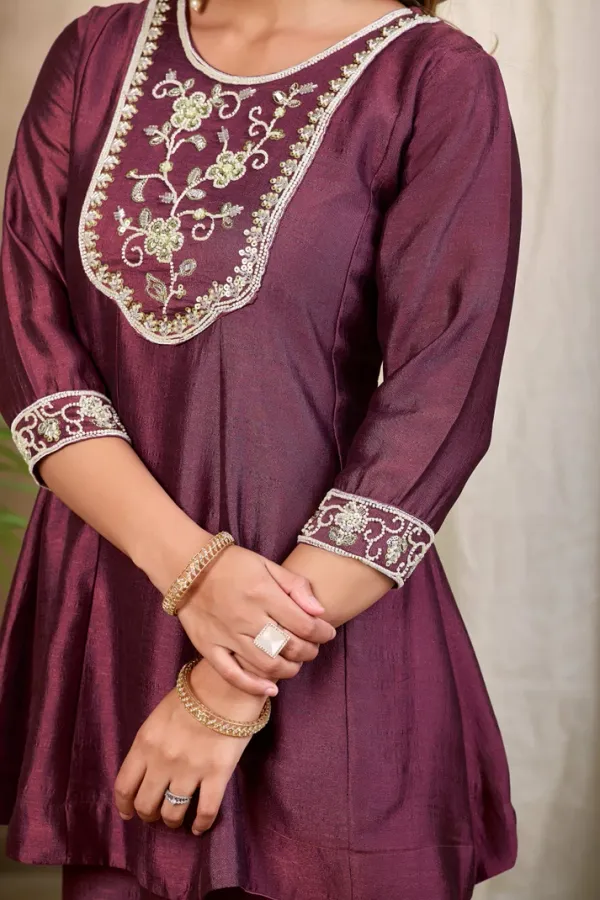 Earth_Silk_Embroidered_Beadswork_Peplum_Kurti_And_Sharara_Set_With_Dupatta