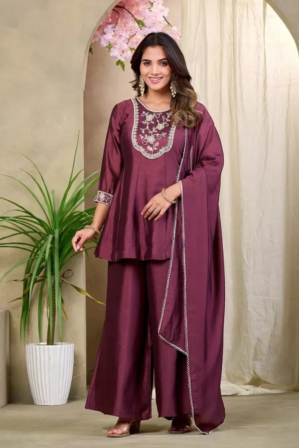 Earth_Silk_Embroidered_Beadswork_Peplum_Kurti_And_Sharara_Set_With_Dupatta
