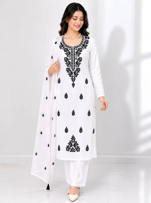 Embroidered_Round_Neck_Thread_Work_Cotton_Silk_Kurta_With_Trousers_&_Dupatta