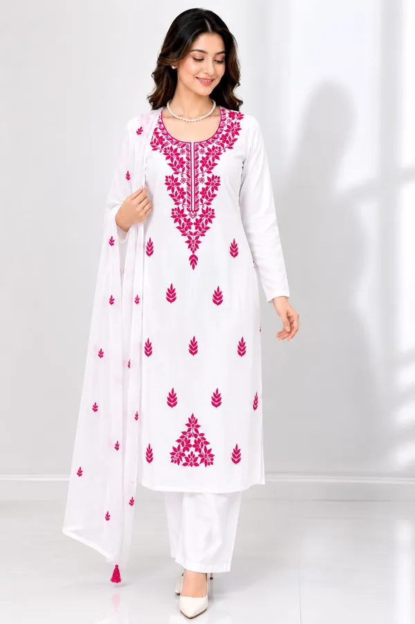 Embroidered_Round_Neck_Thread_Work_Cotton_Silk_Kurta_With_Trousers_&_Dupatta