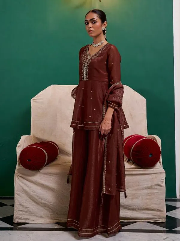 Brown_Silk_Blend_A_Line_Zari_Embroidered_Kurta_Set_For_Women