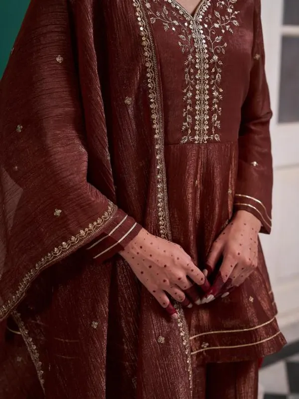 Brown_Silk_Blend_A_Line_Zari_Embroidered_Kurta_Set_For_Women