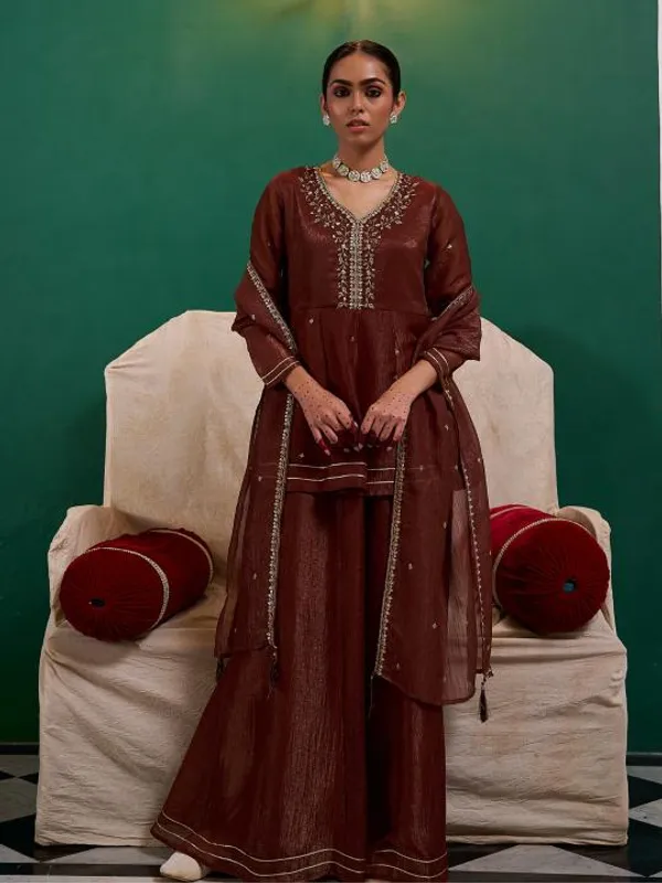Brown_Silk_Blend_A_Line_Zari_Embroidered_Kurta_Set_For_Women