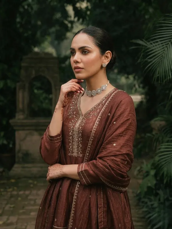 Brown_Silk_Blend_A_Line_Zari_Embroidered_Kurta_Set_For_Women