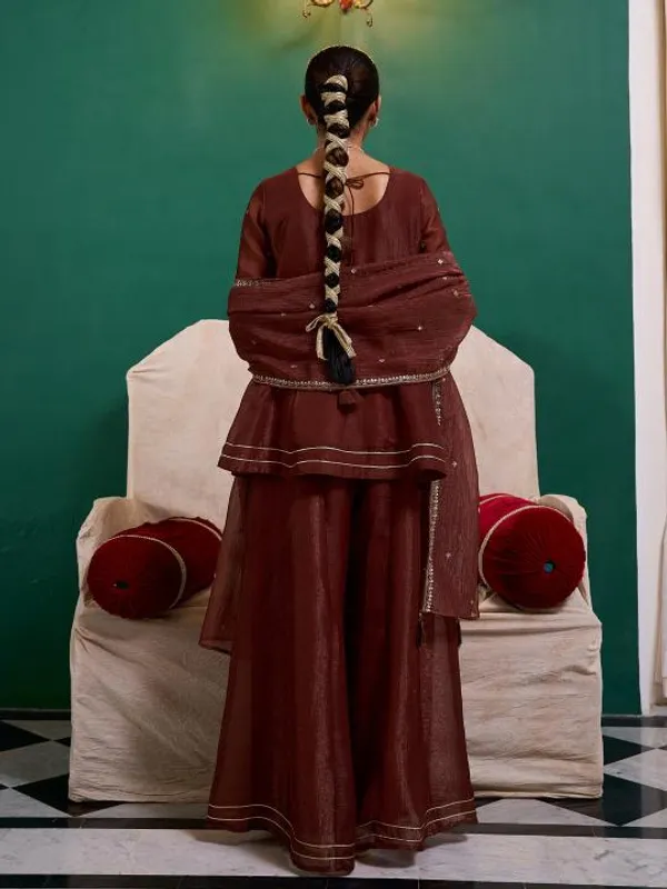 Brown_Silk_Blend_A_Line_Zari_Embroidered_Kurta_Set_For_Women