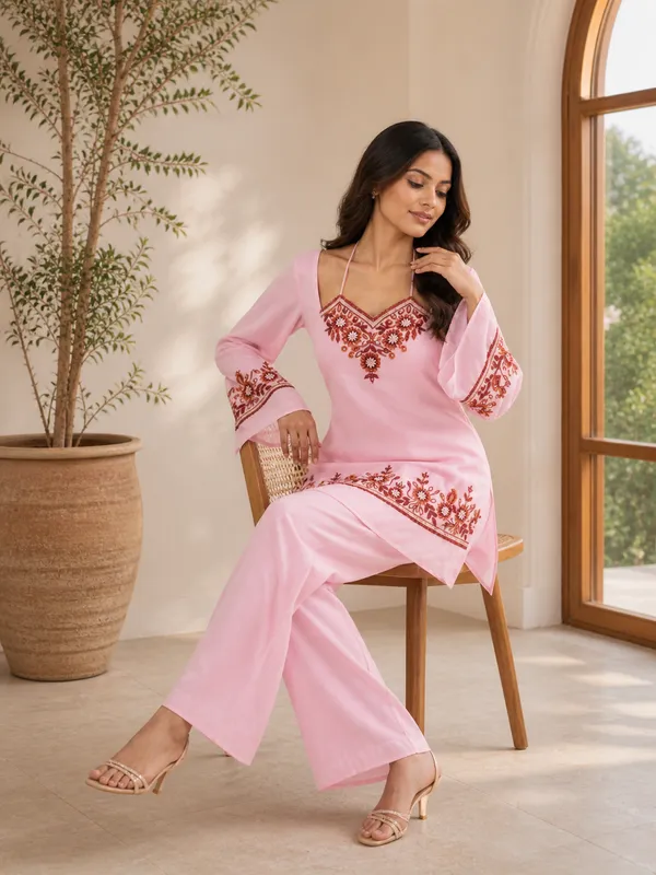 Pink_Georgette_Regular_Floral_Embroidered_Kurta_Set_For_Women