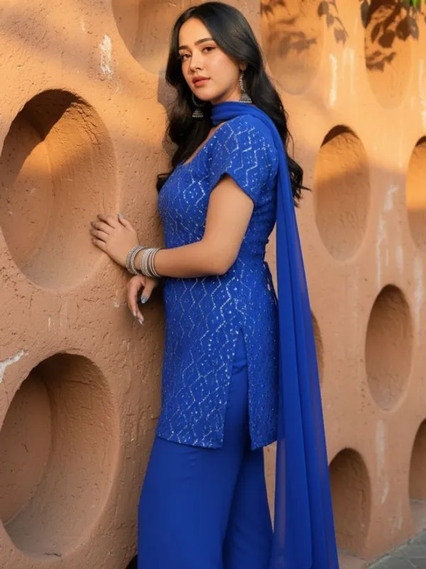 Blue_Georgette_Sequin_Embroidered_Kurta_Set_For_Women