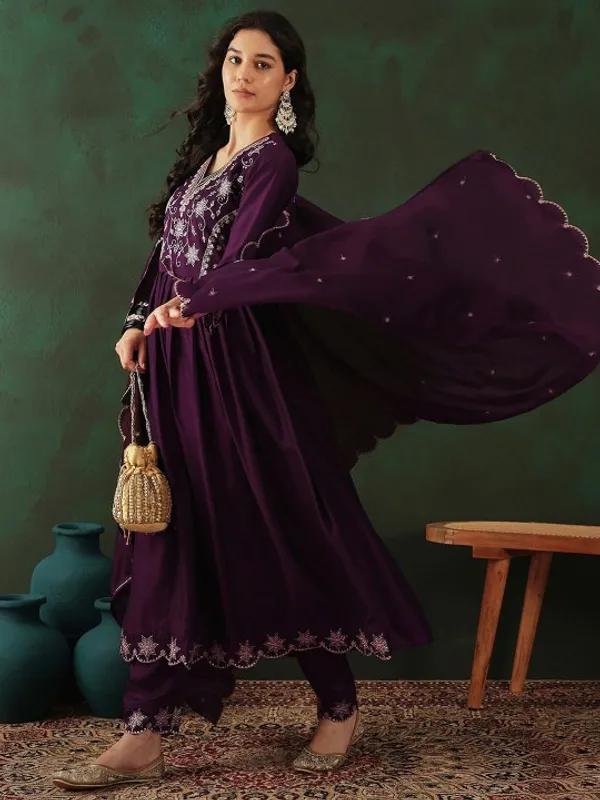 Wine_Cotton_Anarkali_Floral_Embroidered_Kurta_Set_For_Women
