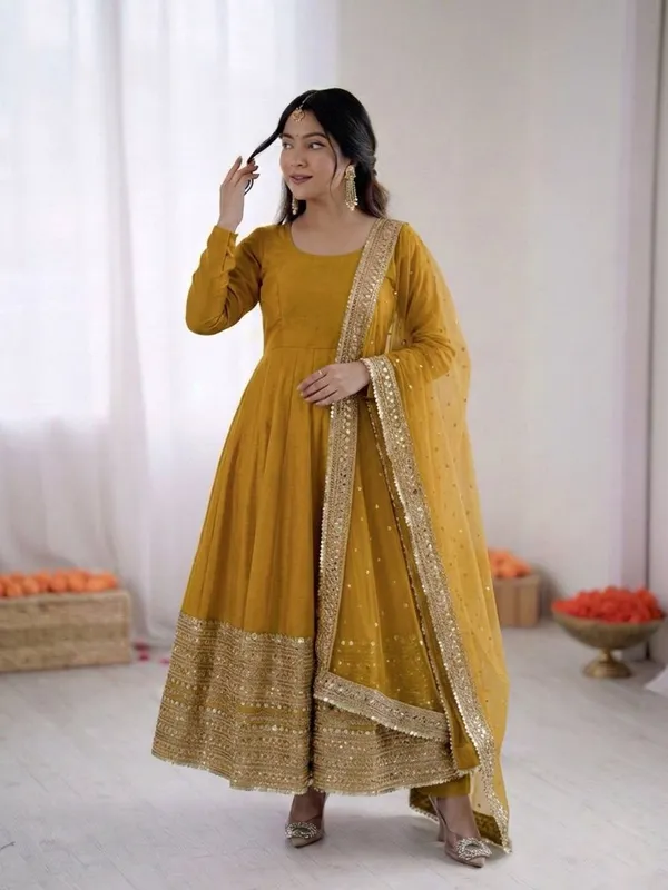Mustard_Roman_Silk_Anarkali_Sequence_Embroidered_Anarkali_Set_For_Women