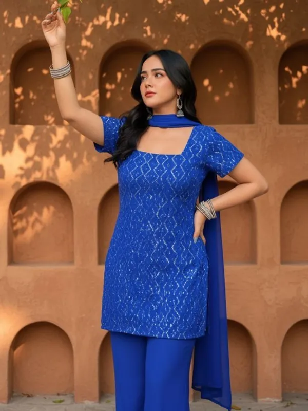 Blue_Georgette_Sequin_Embroidered_Kurta_Set_For_Women