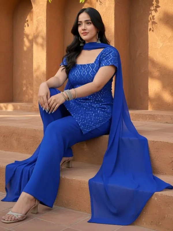 Blue_Georgette_Sequin_Embroidered_Kurta_Set_For_Women